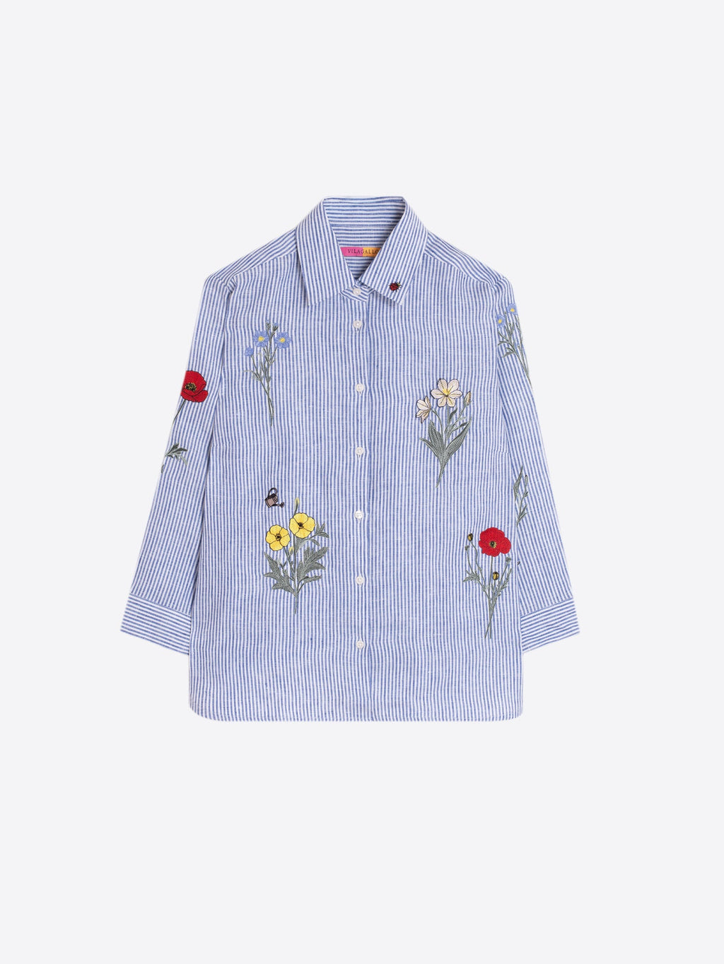 María - Camisa con Rayas Azules y Flores Bordadas