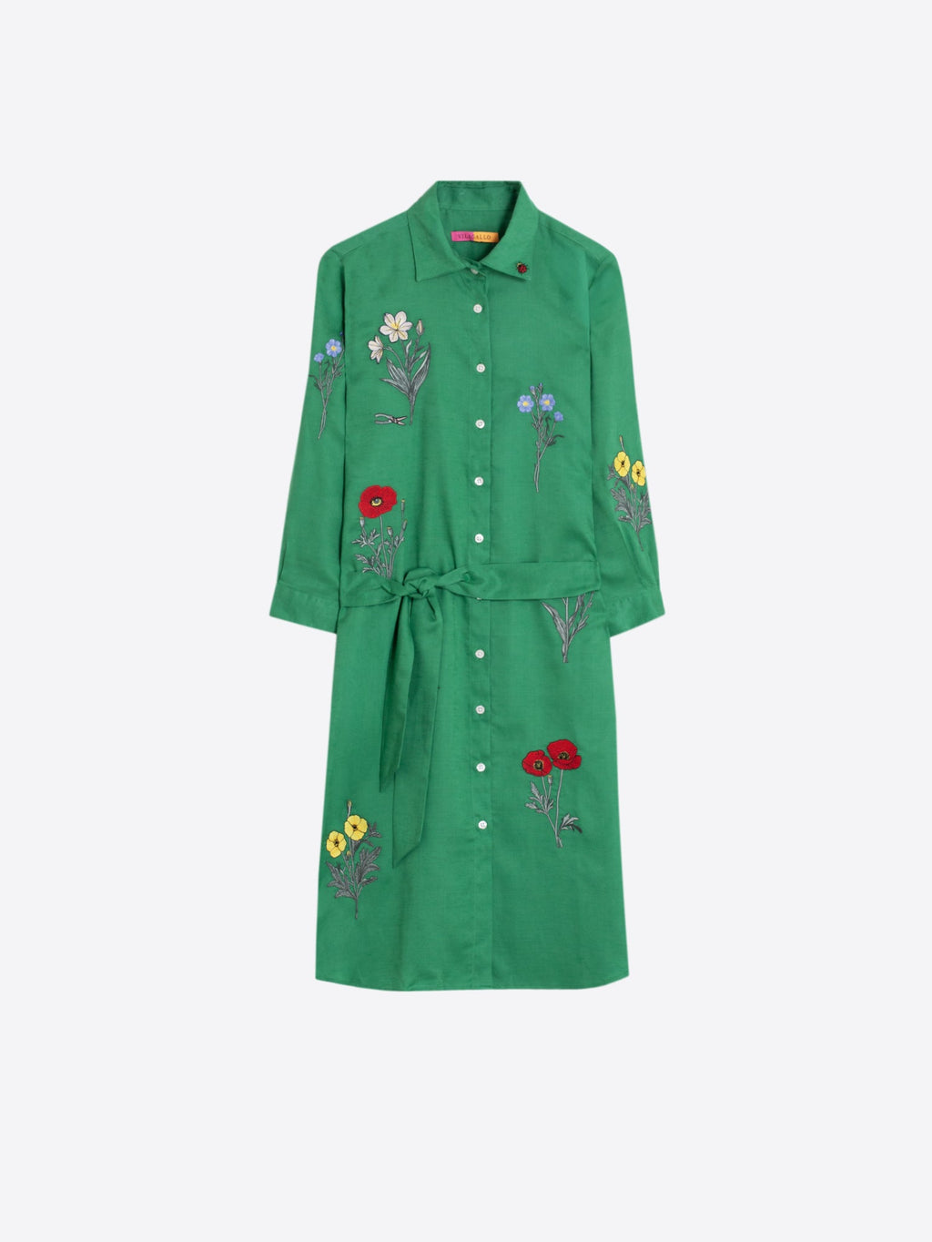Chloe - Vestido Camisero Verde con Bordado Floral