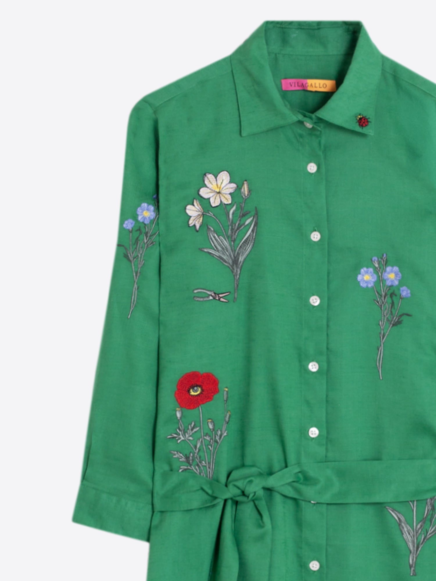 Chloe - Vestido Camisero Verde con Bordado Floral