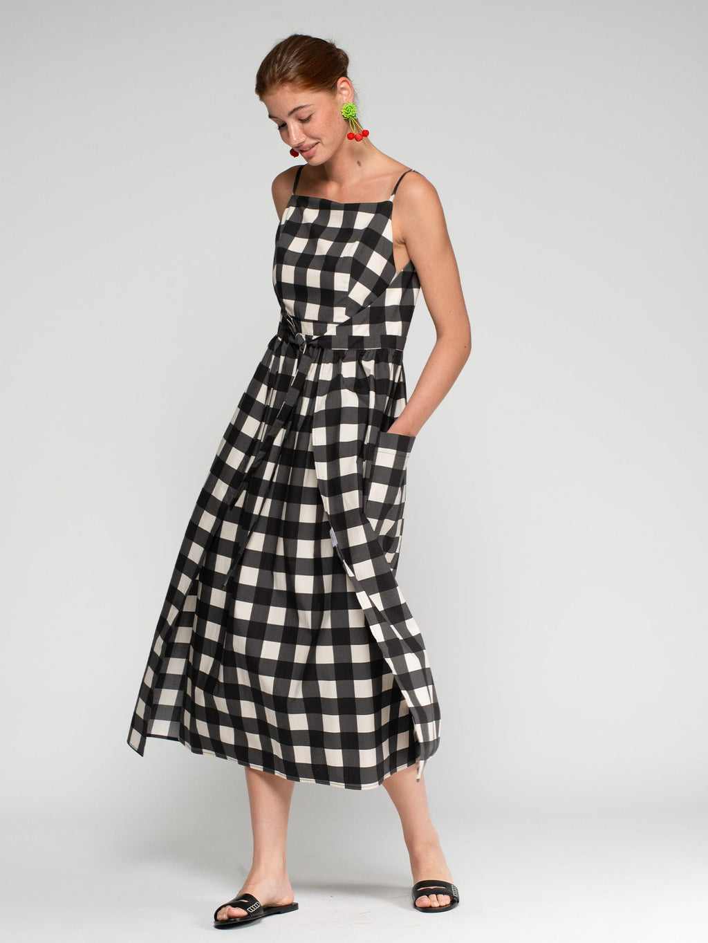 Carla - Vestido largo a cuadros vichy blanco y negro