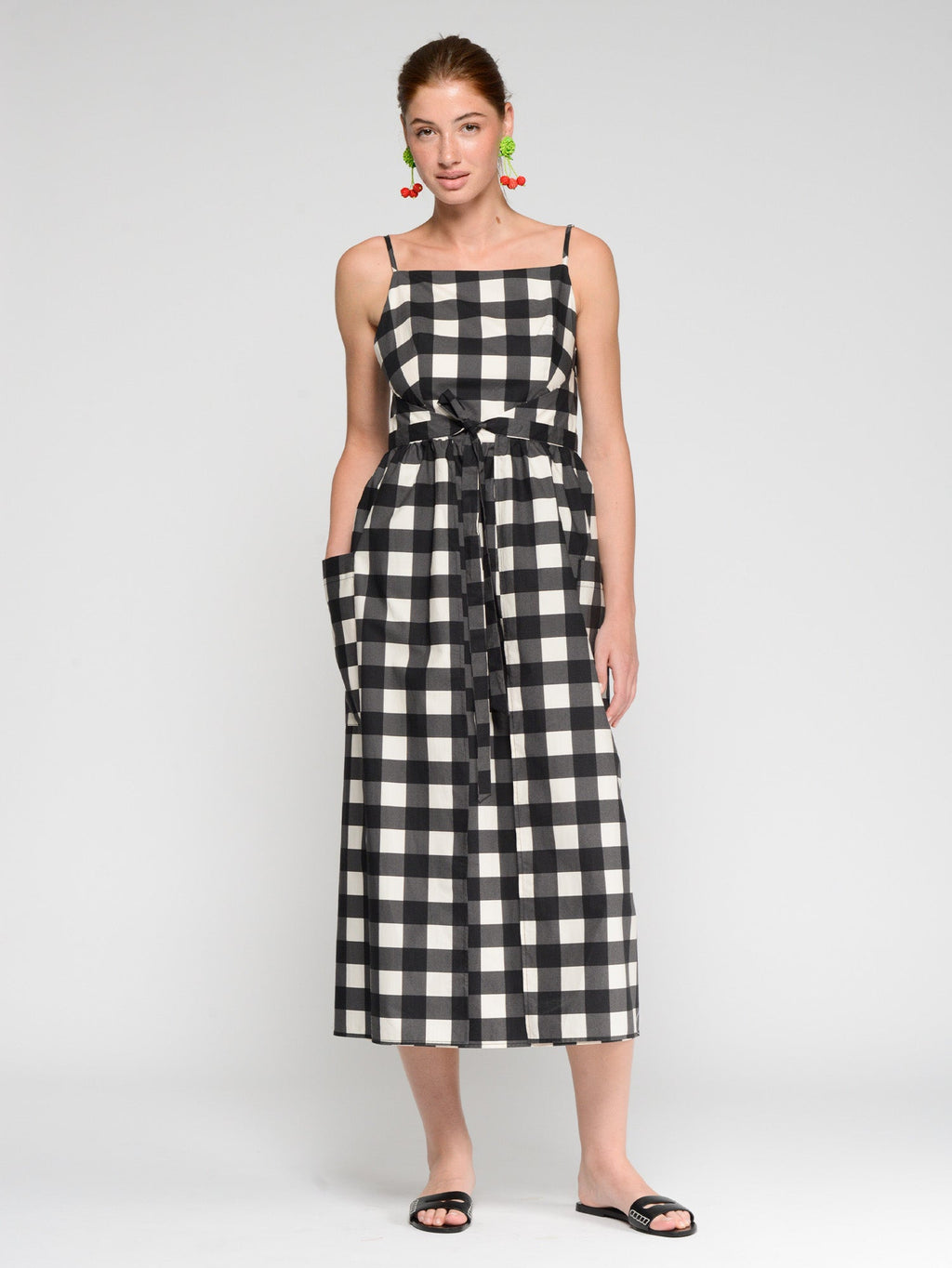 Carla - Vestido largo a cuadros vichy blanco y negro