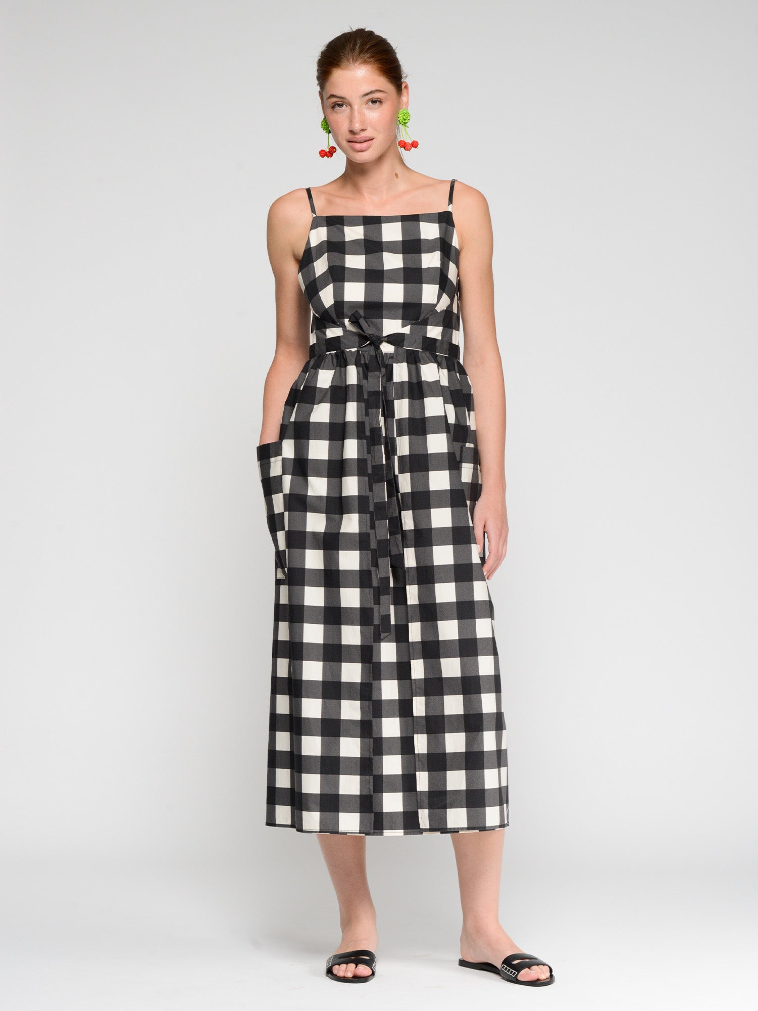 Carla - Vestido largo a cuadros vichy blanco y negro