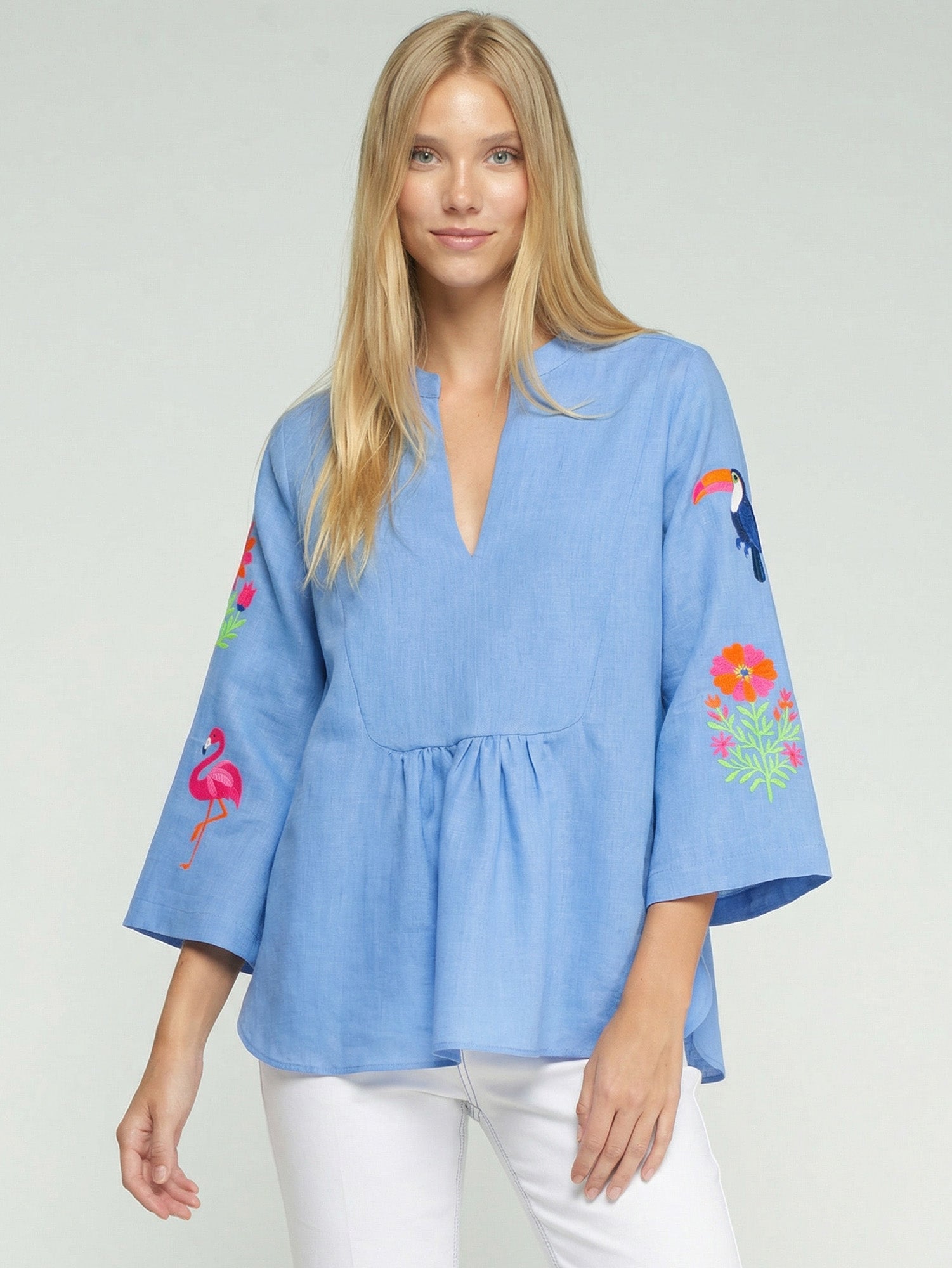CAMISA AZUL BORDADO TROPICALES