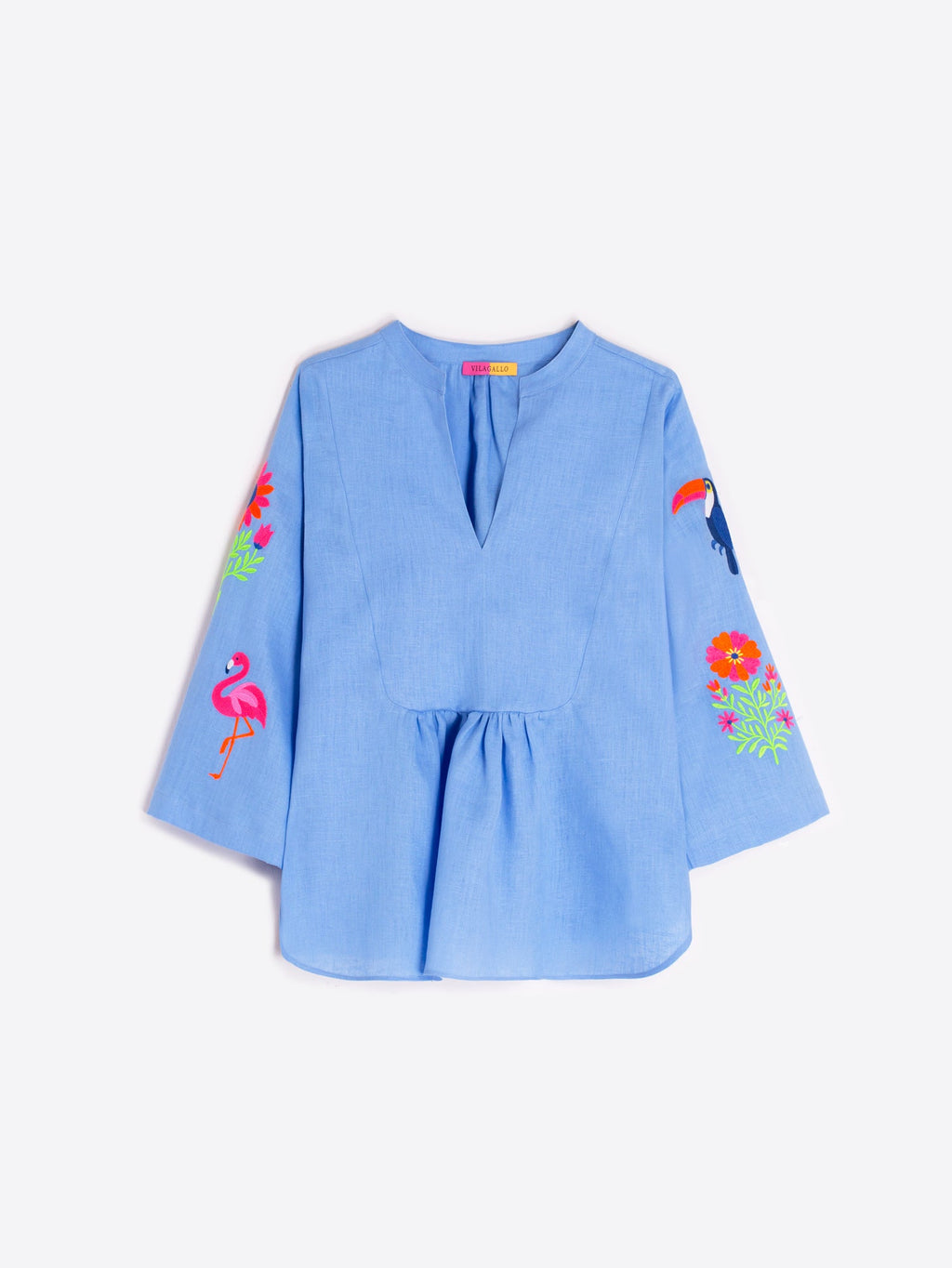 CAMISA AZUL BORDADO TROPICALES