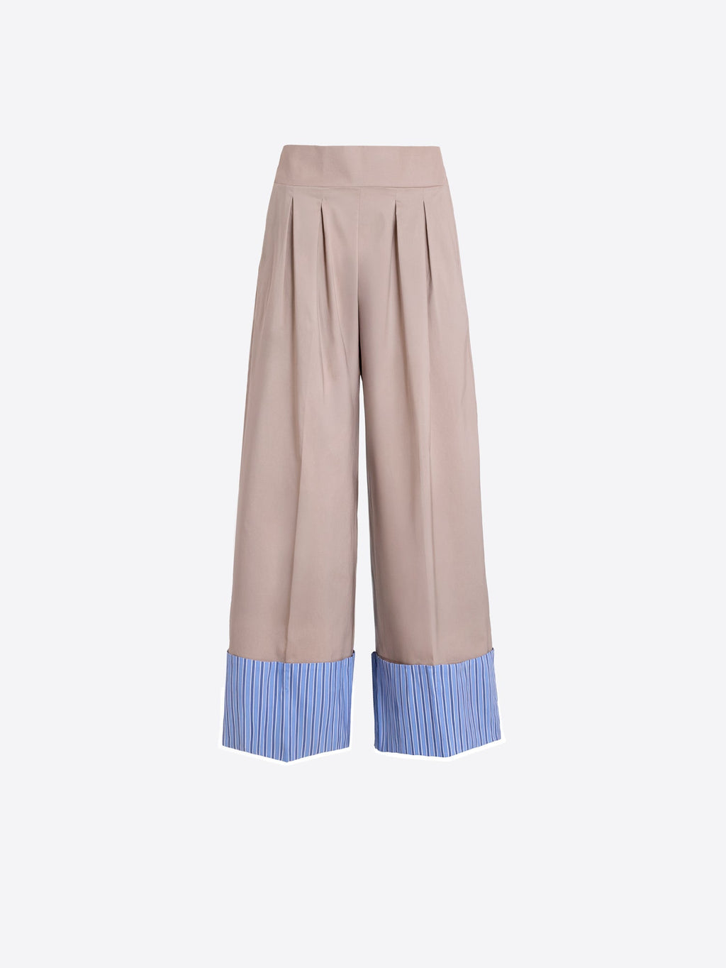 Raquel - Pantalón Beige con Vuelta de Rayas Azules