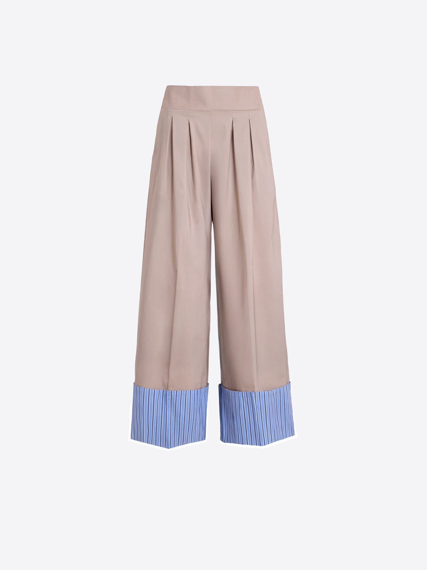 Raquel - Pantalón Beige con Vuelta de Rayas Azules