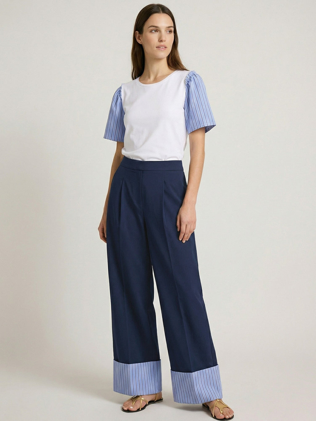 Esther - Pantalón Marino con Vuelta de Rayas Azules