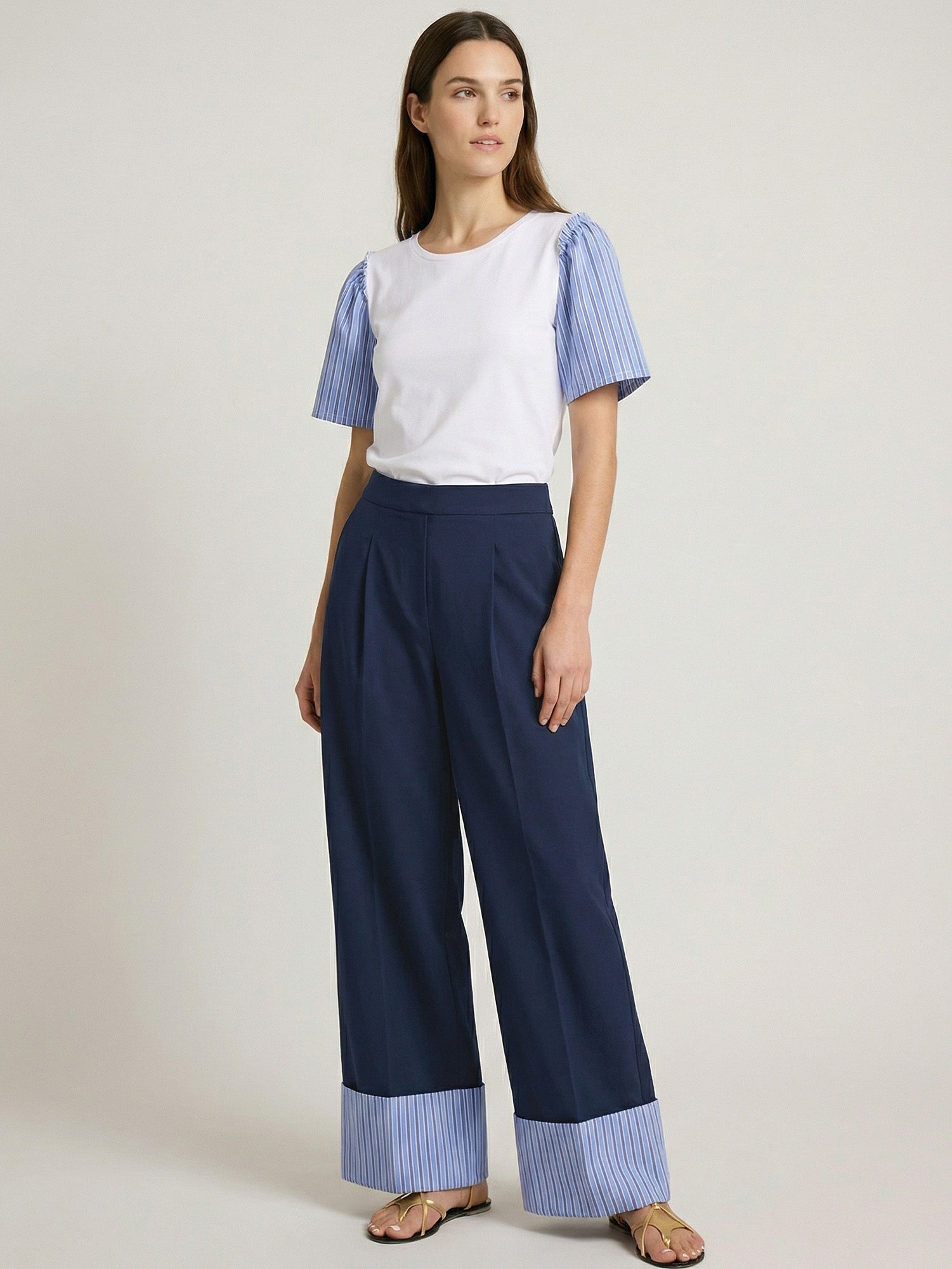 Esther - Pantalón Marino con Vuelta de Rayas Azules