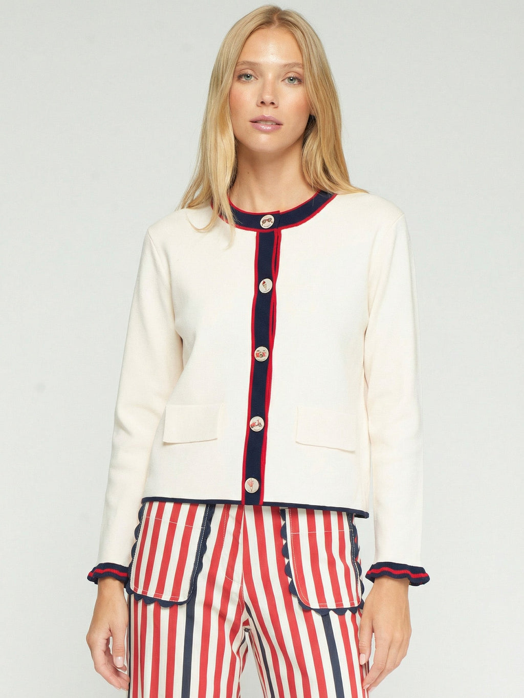 CARDIGAN CRUDO RIBETES MARINO Y ROJO