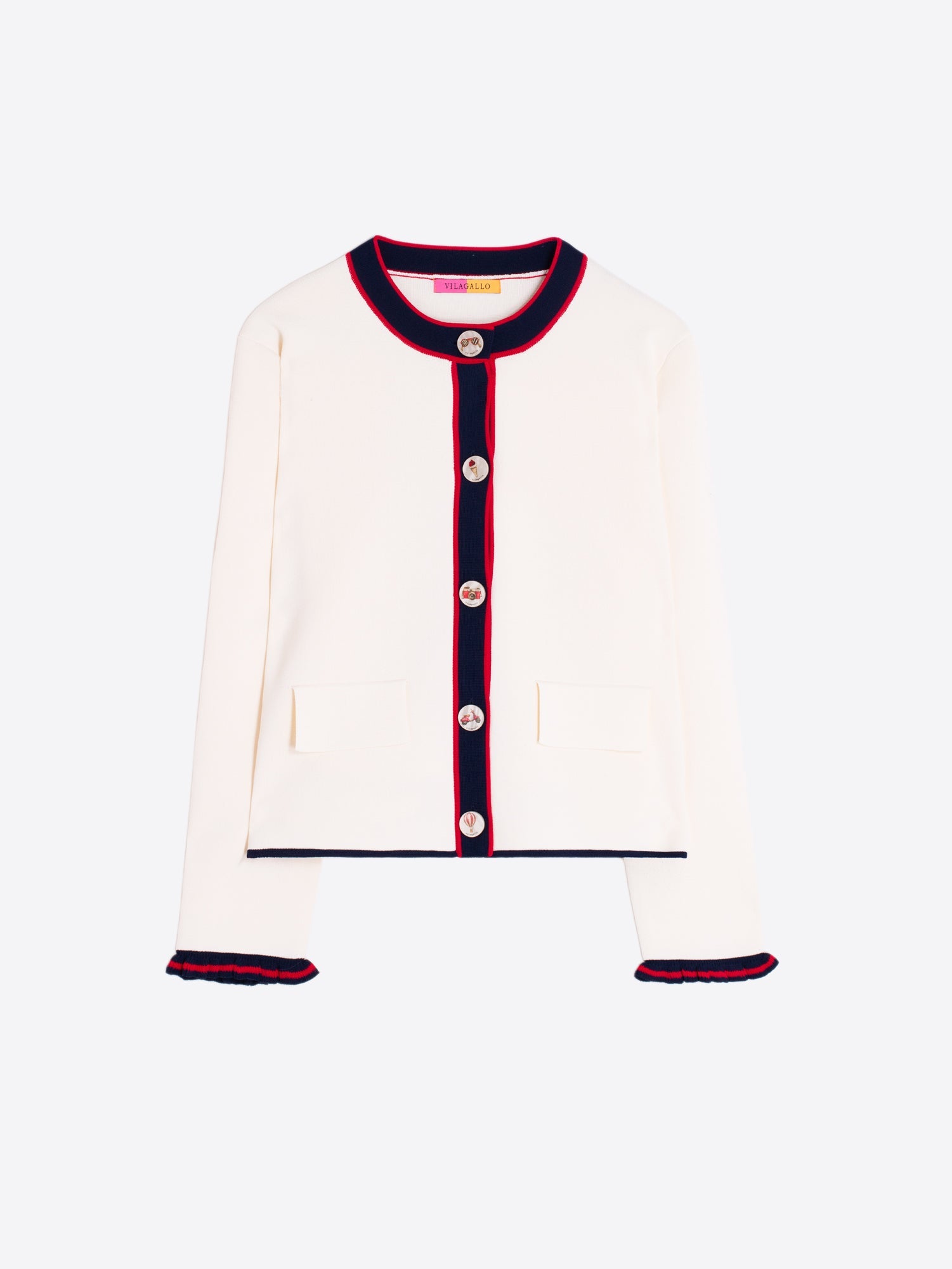 CARDIGAN CRUDO RIBETES MARINO Y ROJO