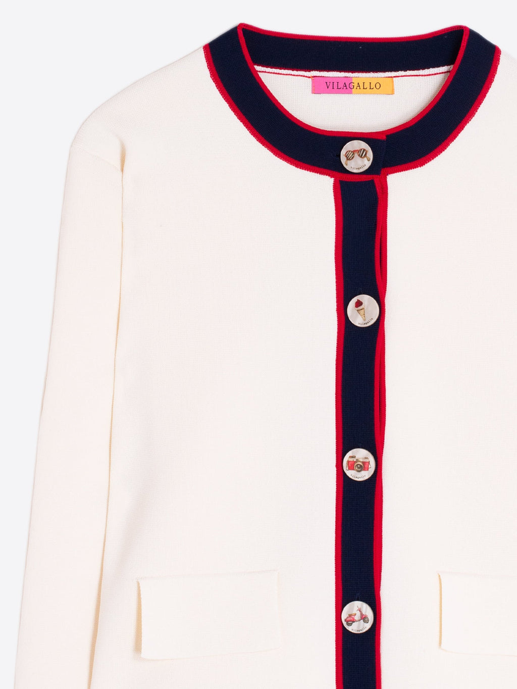 CARDIGAN CRUDO RIBETES MARINO Y ROJO