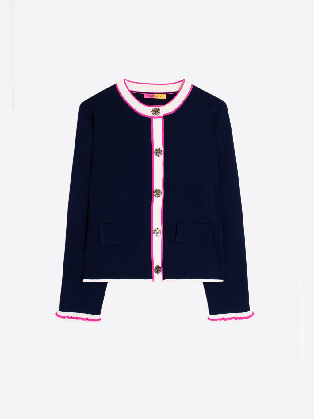 CARDIGAN AZUL MARINO RIBETE FUCSIA Y CRUDO