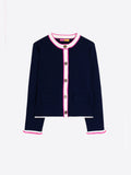 CARDIGAN AZUL MARINO RIBETE FUCSIA Y CRUDO