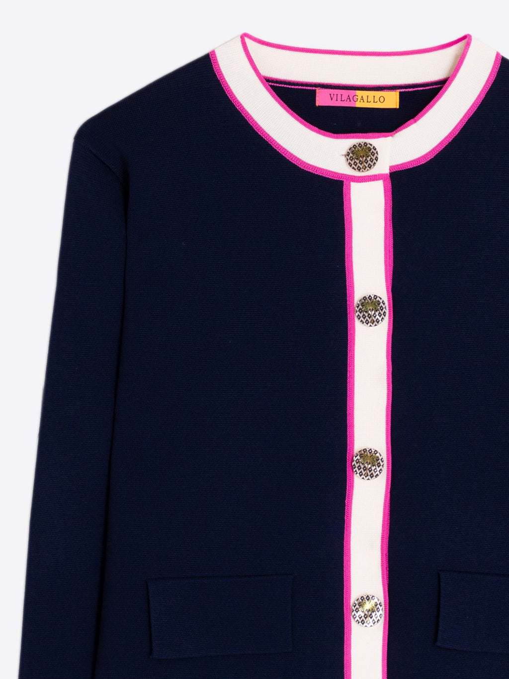 CARDIGAN AZUL MARINO RIBETE FUCSIA Y CRUDO