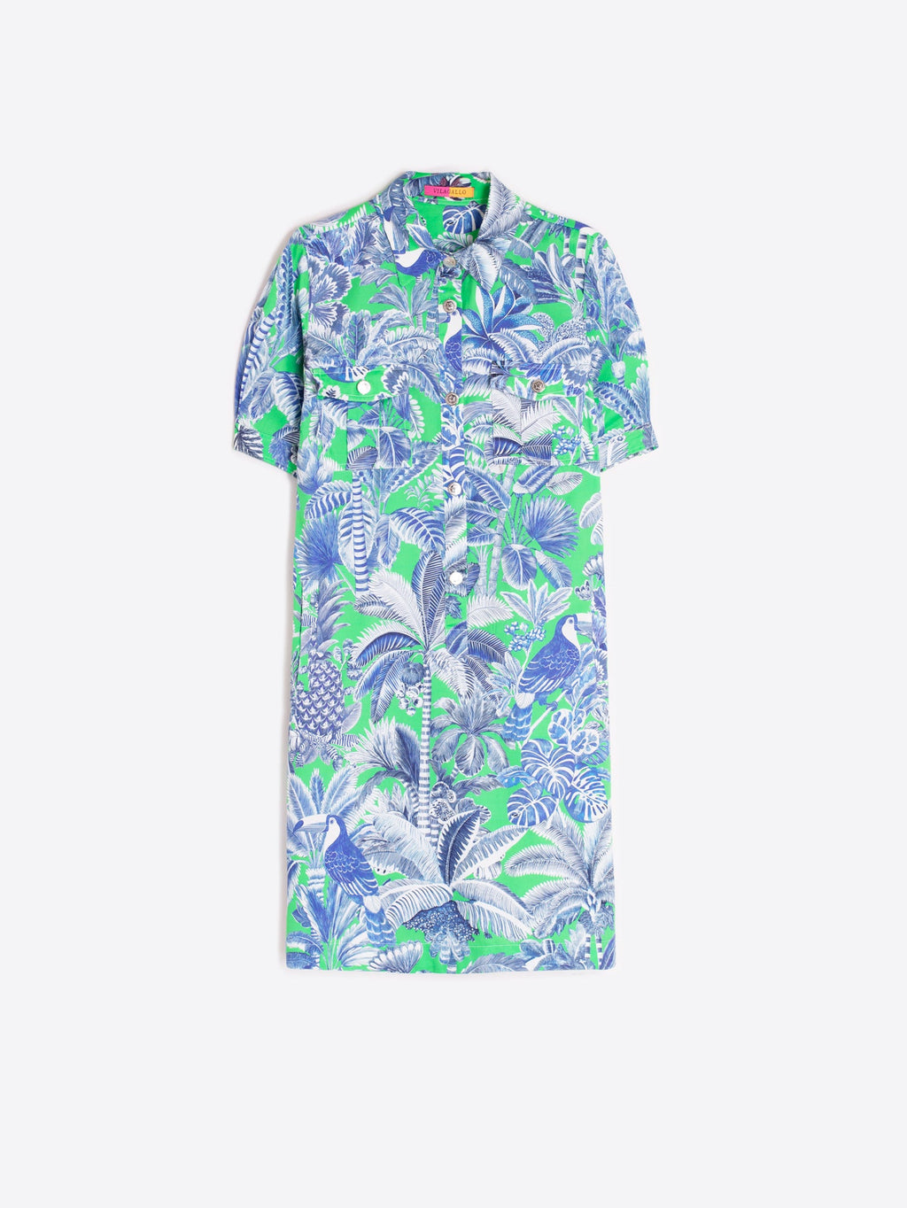 VESTIDO CAMISERO CORTO ESTAMPADO TROPICAL VERDE Y AZUL