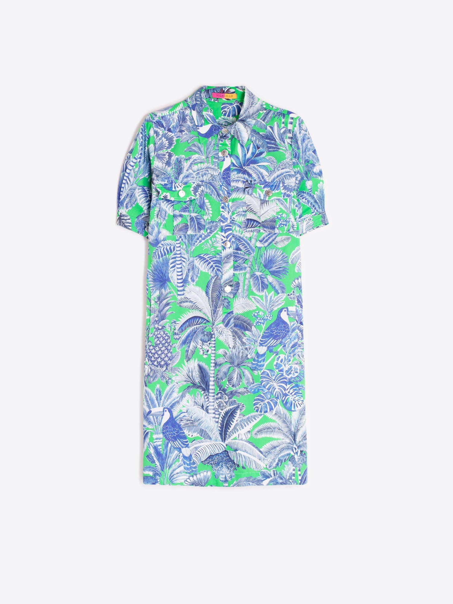 VESTIDO CAMISERO CORTO ESTAMPADO TROPICAL VERDE Y AZUL