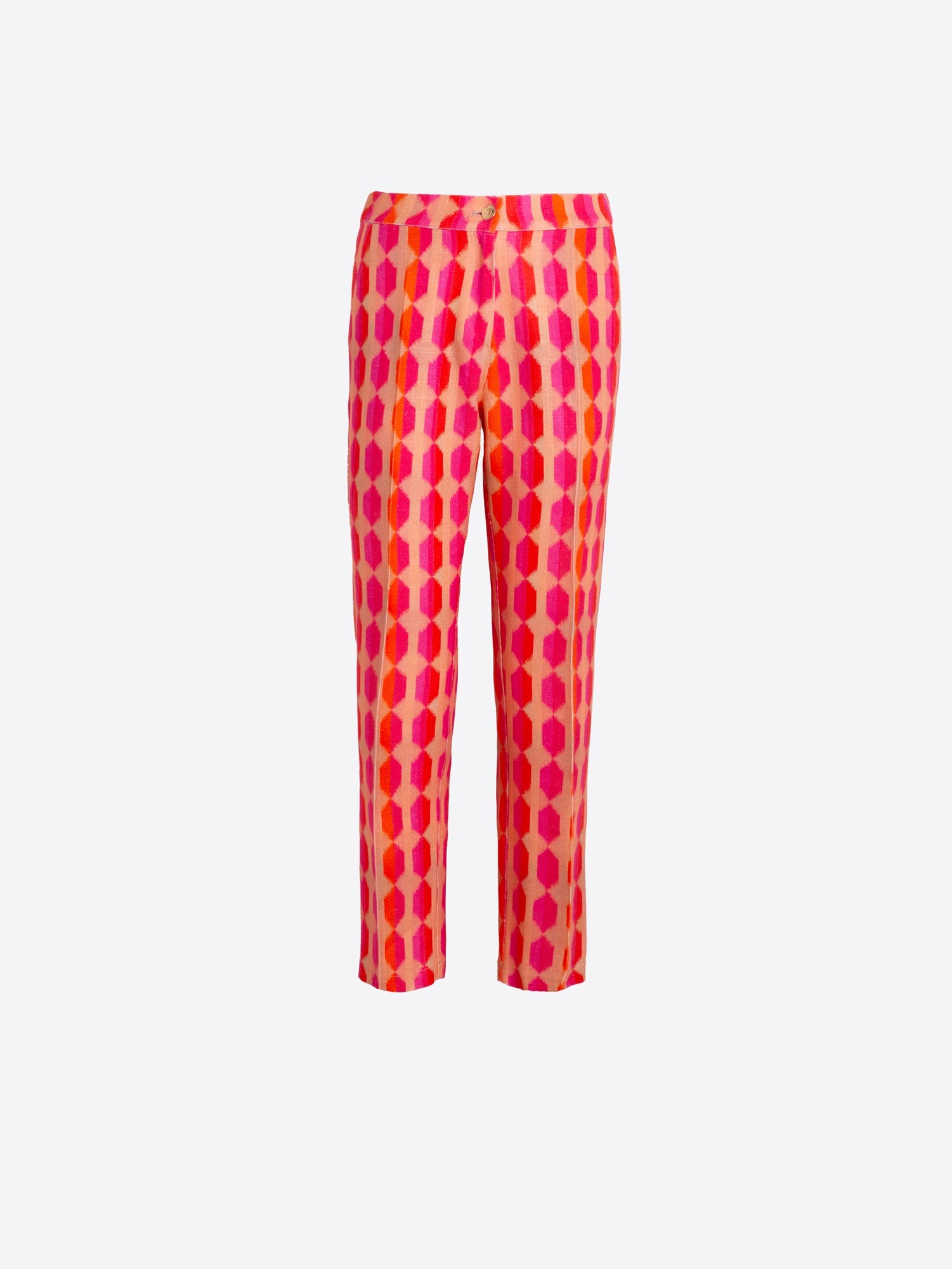 PANTALÓN RECTO ESTAMPADO GEOMÉTRICO ROSA Y NARANJA