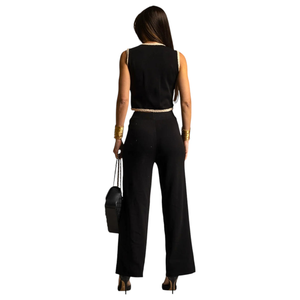 Conjunto Elegante Tweed con Perlas y Pantalón Recto