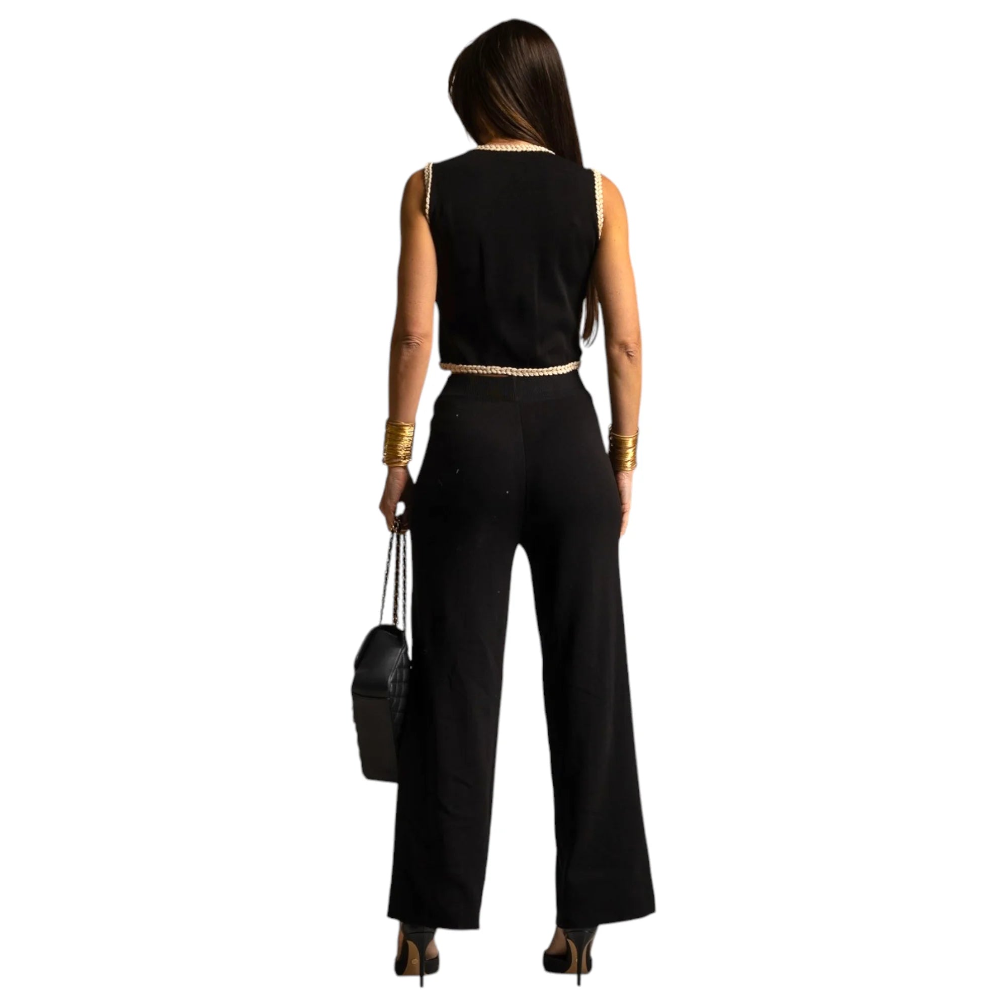Conjunto Elegante Tweed con Perlas y Pantalón Recto
