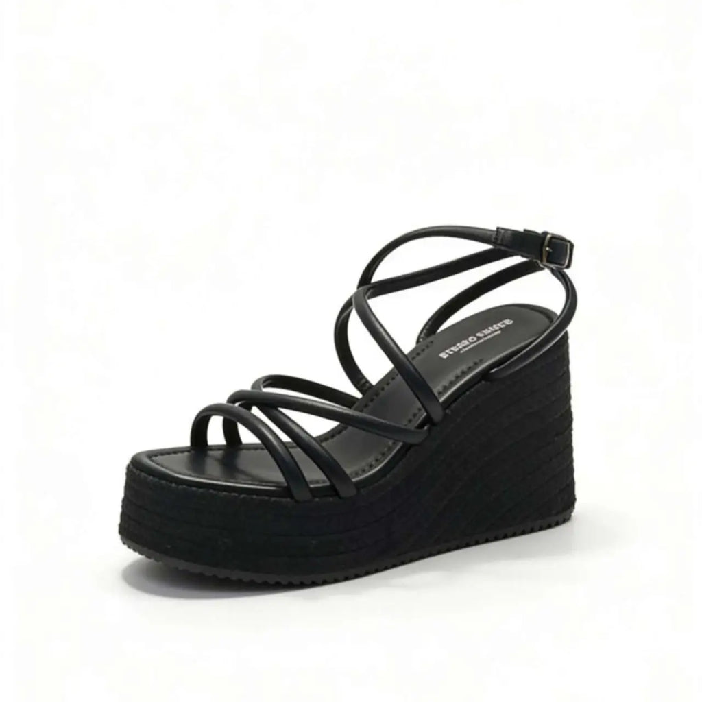 Sandalias cuña doradas y negras con tiras cruzadas