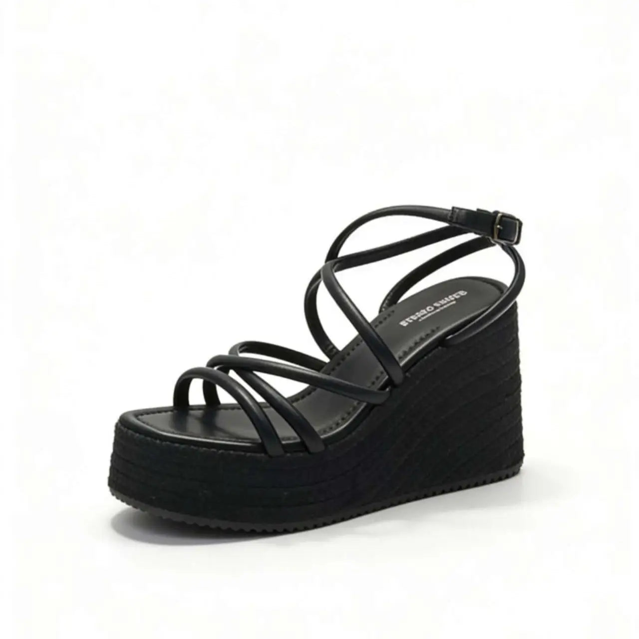Sandalias cuña doradas y negras con tiras cruzadas