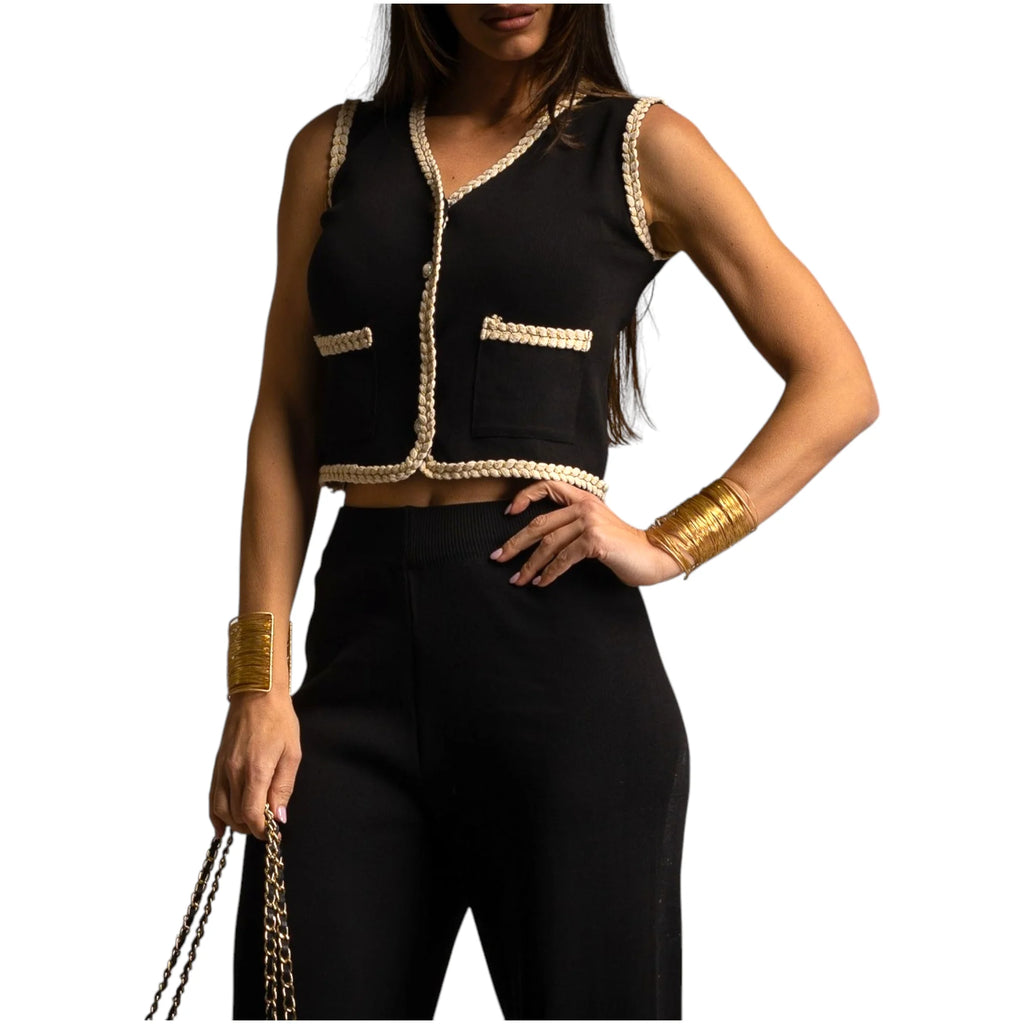 Conjunto Elegante Tweed con Perlas y Pantalón Recto