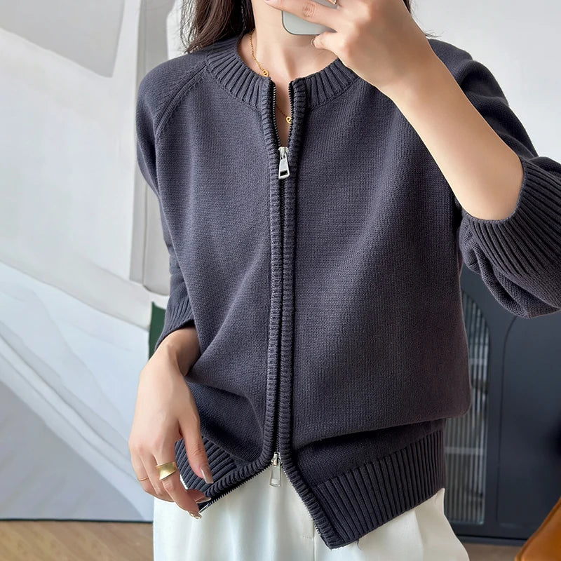 Cárdigan 100% Algodón con Cremallera | Cuello Redondo | Tejido Grueso | Estilo Luxury