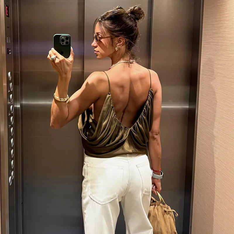 Top Satinado con Escote en V sin Mangas