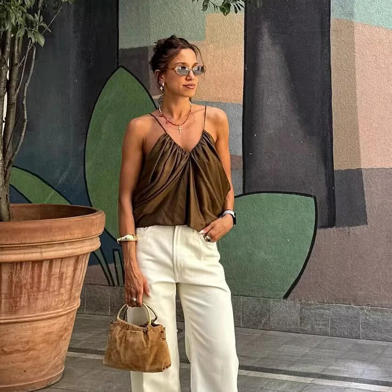 Top Satinado con Escote en V sin Mangas