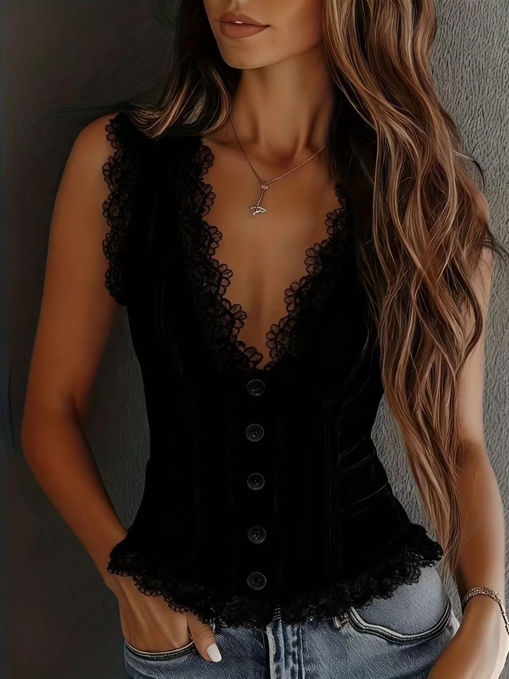 Chaleco Sin Mangas con Encaje y Botones | Cuello V | Primavera-Verano