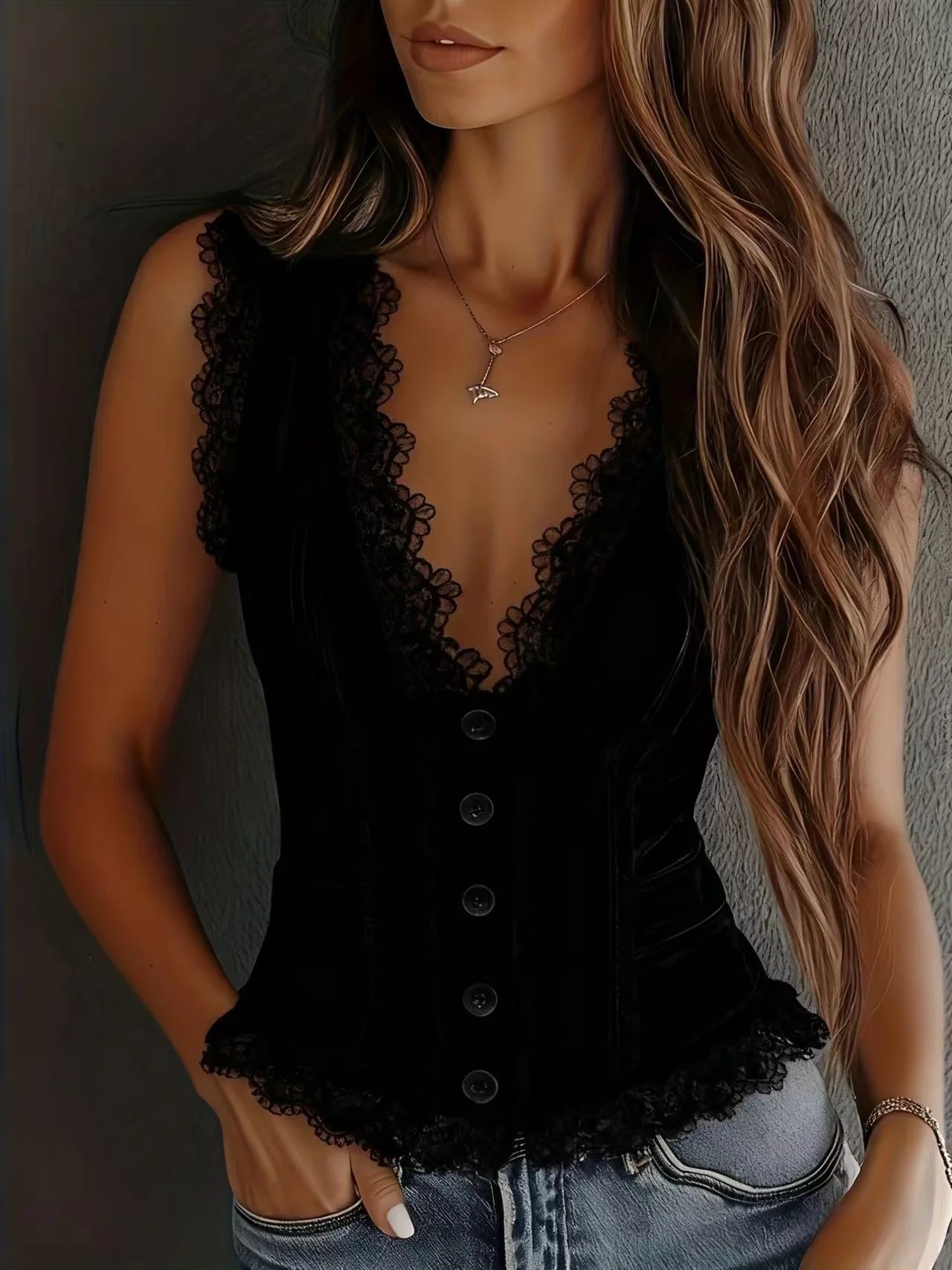 Chaleco Sin Mangas con Encaje y Botones | Cuello V | Primavera-Verano