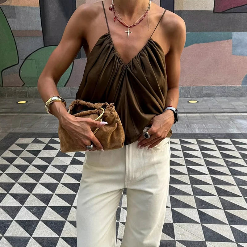 Top Satinado con Escote en V sin Mangas