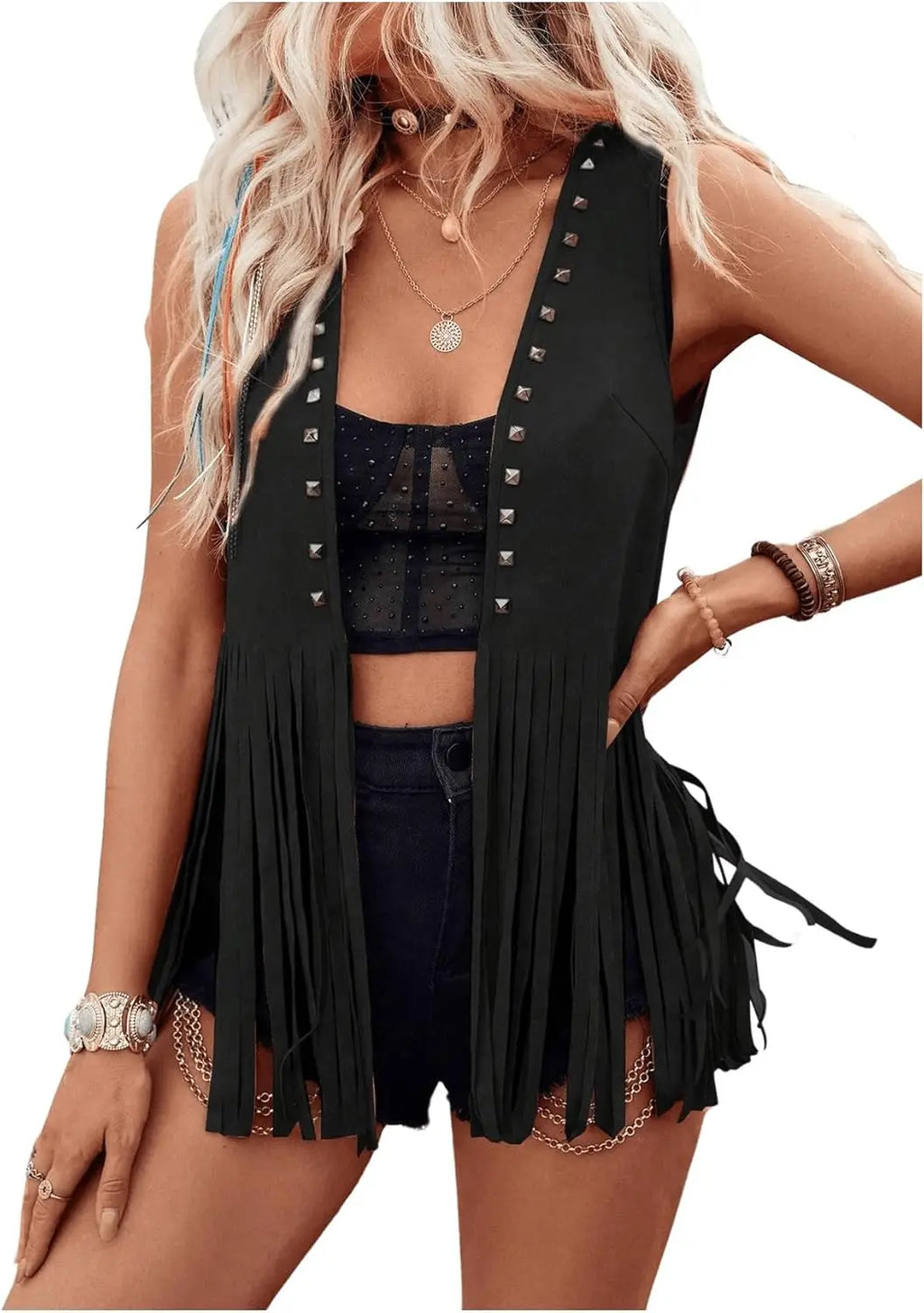 Chaleco Vintage Sin Mangas con Flecos y Remaches I Estilo Boho Occidental