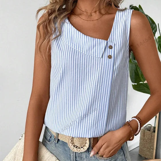 Blusa de Rayas sin Mangas con Cuello Diagonal y Botones