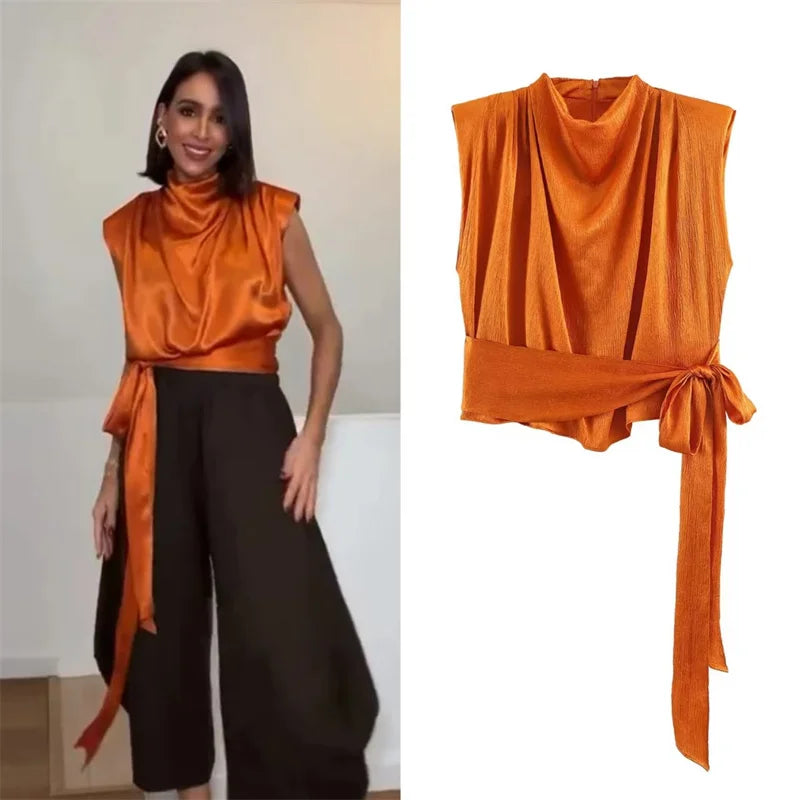 Top Sin Mangas Textura Satinada con Lazo Largo | Elegante y Estiloso